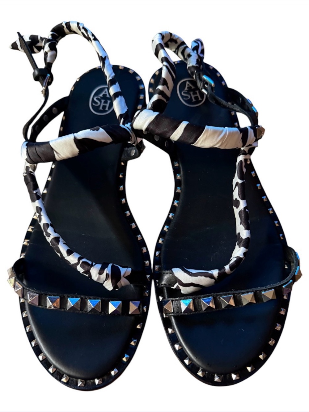 ASH Black & White Studded Zebra-Print Leather Woman’s Sandals